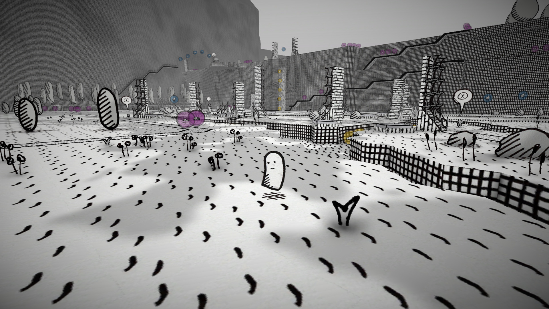 A screenshot from a video game where a friendly-looking cartoonish ghost floats serenely in a hand-drawn environment.